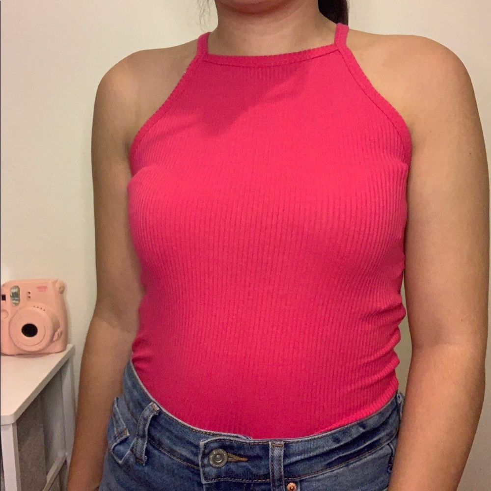 Hot Pink Ribbed High Neck Tank Top